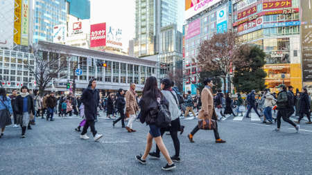 Tokyo, Japan - February 3 , 2019 : Pedestrians cross at Shibuya Crossing in Tokyo , Japan.のeditorial素材