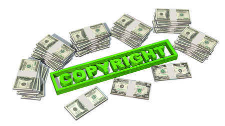 Copyright sign and stacks of dollars bills isolated on white backgroundの写真素材