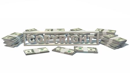 Copyright sign and stacks of dollars bills isolated on white backgroundの写真素材