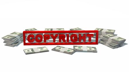 Copyright sign and stacks of dollars bills isolated on white backgroundの写真素材