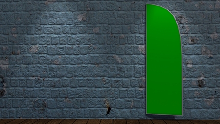 brick wall with green screen picture frame illuminated by spotlightsの写真素材