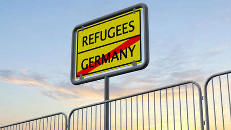 efugees Germany Sign behind metal fenceの写真素材