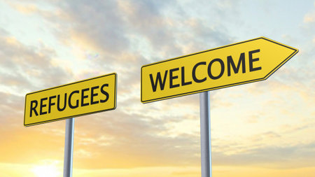 Refugees Welcome Signpostの写真素材