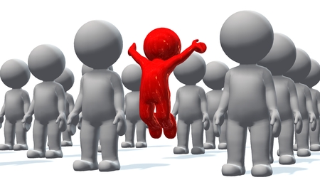Standing out from the crowd - a red 3d people in a crowd of white 3d peopleの写真素材