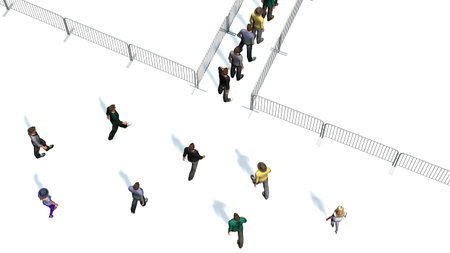 a crowd of people for metal barrier in top-view isolated on white background
