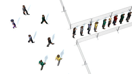 a crowd of people for metal barrier in top-view isolated on white background