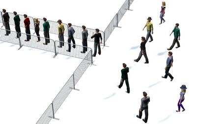 a crowd of people for metal barrier in top-view isolated on white backgroundの写真素材