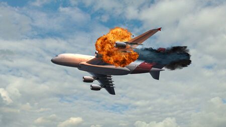 Passenger Airplane with a big explosion at the flight on the skyの写真素材