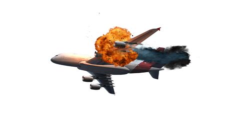 Passenger Airplane with a big explosion - isolated on whiteの写真素材