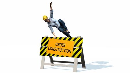 Under construction - barrier behind worker womanの写真素材