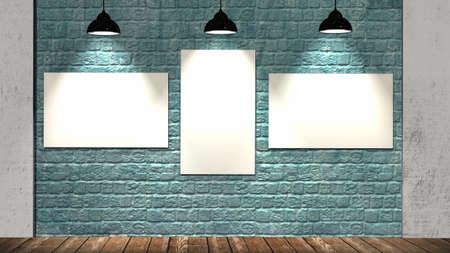 Three blank frames on brick wall and wooden floor illuminated with spotlightsの写真素材