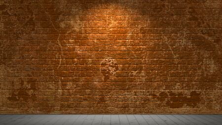 Old interior room with brick wall and wooden floor in spotlightの写真素材