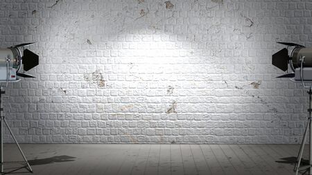 Old interior room with brick wall and wooden floor illuminated with spotlights movieの写真素材