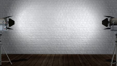 Old interior room with brick wall and wooden floor illuminated with spotlights movieの写真素材