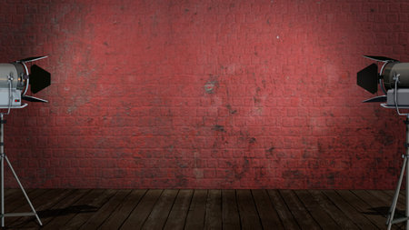 Old interior room with brick wall and wooden floor illuminated with spotlights movie