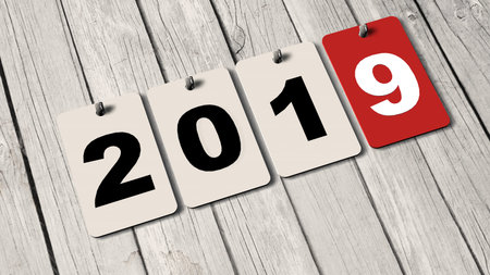 2019 calendar plates on wooden wall - new year 2019