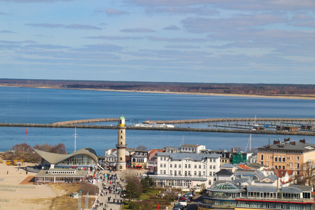 View of the harbor entrance from Warnemuende Germany with lighthouseのeditorial素材