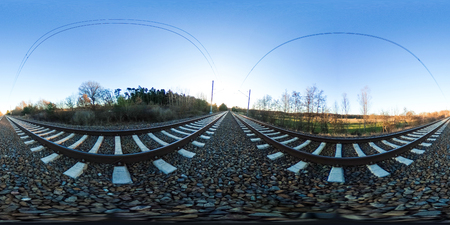 360 degrees spherical panorama of railroad tracks with gravelの写真素材