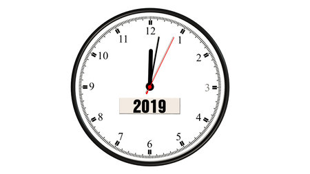 clock with the new year 2019 isolated on white