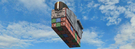 Flying cargo ship with freight container in the sky - futuristic flying cargo concept