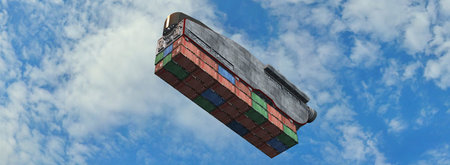 Flying cargo ship with freight container in the sky - futuristic flying cargo concept