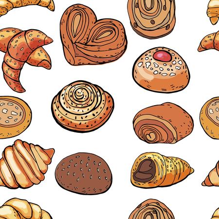 set of various buns and croissants. Baking isolated.のイラスト素材