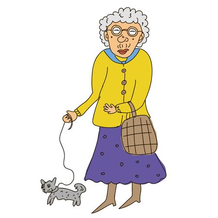 Grandmother in a coat and skirt and glasses walks with the dog. Flat vector illustration. Sketch character.のイラスト素材