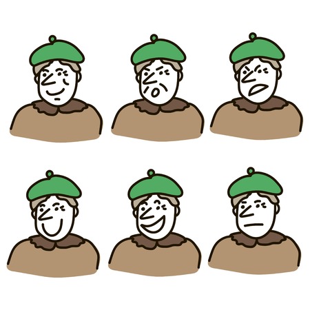 Set of cool vector faces, different emotions. Linear style cute cool face vector, different emotions. Grandmother characterのイラスト素材