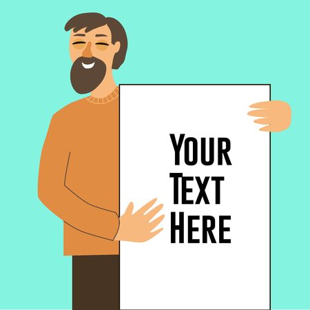 A man with a beard holds an empty poster. Vector illustration in cartoon style for your design.のイラスト素材