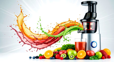 Juice splashing out of a blender with fruits and berries on white backgroundの素材
