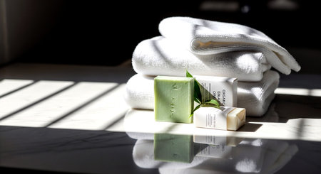 Spa still life with towels and soap on a table in sunlightの素材