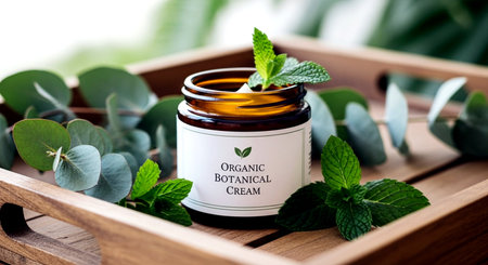 Eucalyptus essential oil in a jar with fresh mint leavesの素材