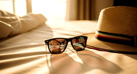 Sunglasses and hat on the bed in the morning light.の素材