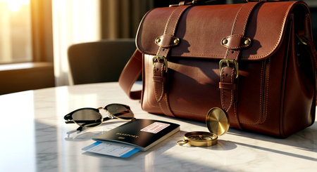 Luxury leather briefcase with sunglasses and passport on the tableの素材