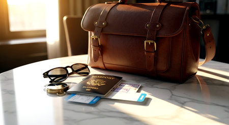 Travel planning concept with suitcase, passport, boarding pass and glasses on the tableの素材