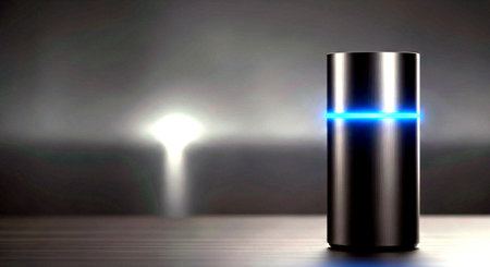 Digital composite of Battery with blue light flare against black background with copy spaceの素材