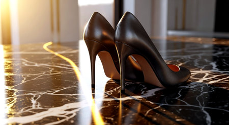 Black high heel shoesle floor. 3d render illustration.の素材