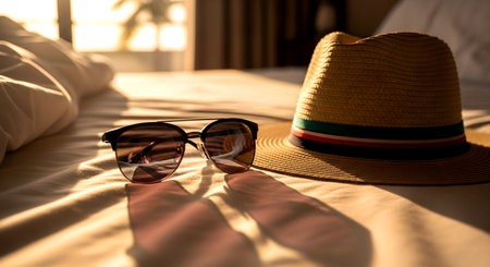 Sunglasses and hat on the bed in the morning light.の素材
