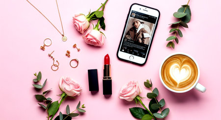 Smartphone screen mockup with lipstick, rose flowers, earrings and cup of coffee on pink background.の素材