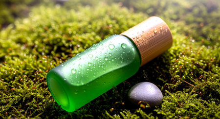 Cosmetic bottle with droplets of dew on green moss backgroundの素材
