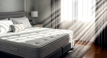 3d render of a bedroom with double bed and white pillowsの素材