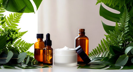 Set of cosmetic products on a white table with green leaves, spa conceptの素材