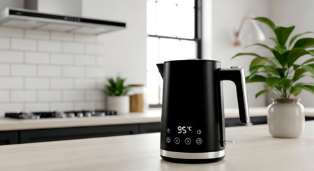 Modern electric kettle on table in kitchen, closeup. Space for textの素材