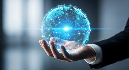 Businessman on blurred background using digital planet hologram 3D renderingの素材