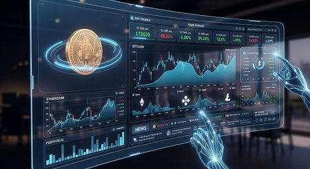 Close up of hands using hologram screen with bitcoin symbol. 3D renderingの素材