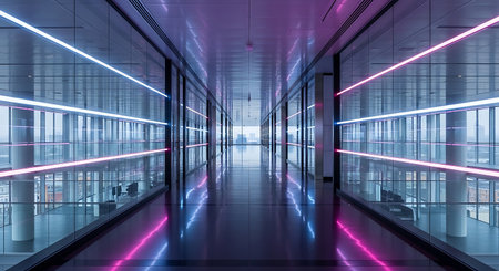 3D rendering of a corridor in a modern office building with neon lightsの素材