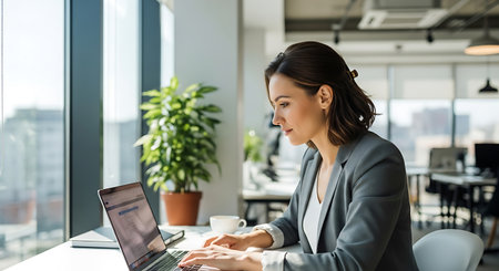 Side view of businesswoman using laptop while sitting at table in officeの素材