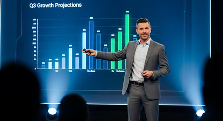 businessman in suit pointing with finger at virtual panel with charts and graphsの素材