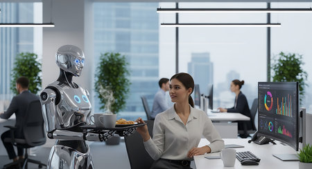 3d rendering humanoid robot working in a modern office with people working in the backgroundの素材