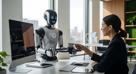 side view of young businesswoman holding cup of coffee and looking at robot in officeの素材